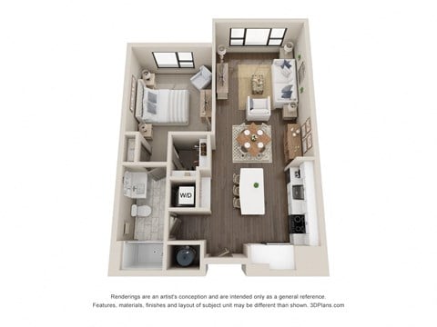 Floor plan for 1 bed, 1 bath, 796 sqft